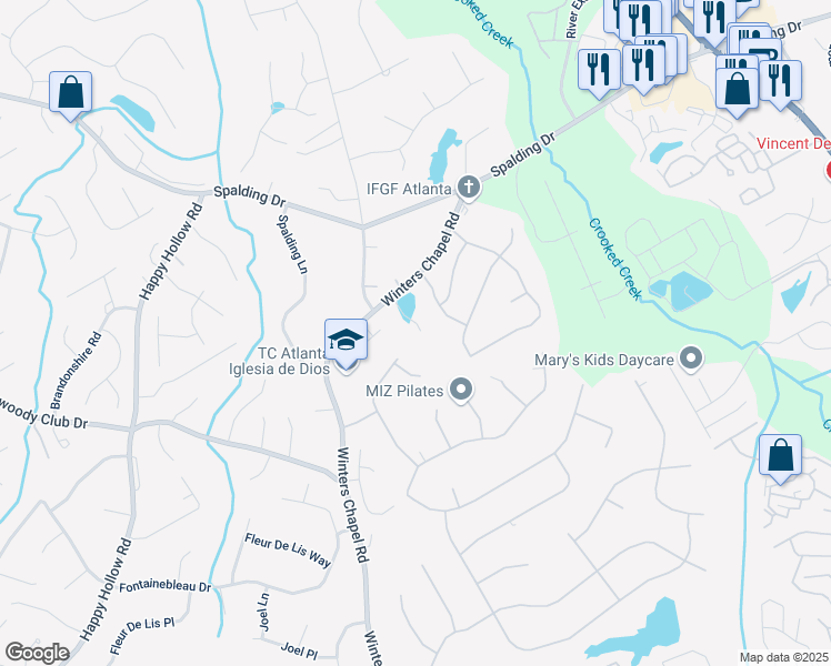 map of restaurants, bars, coffee shops, grocery stores, and more near 3846 Town Farms Drive in Atlanta