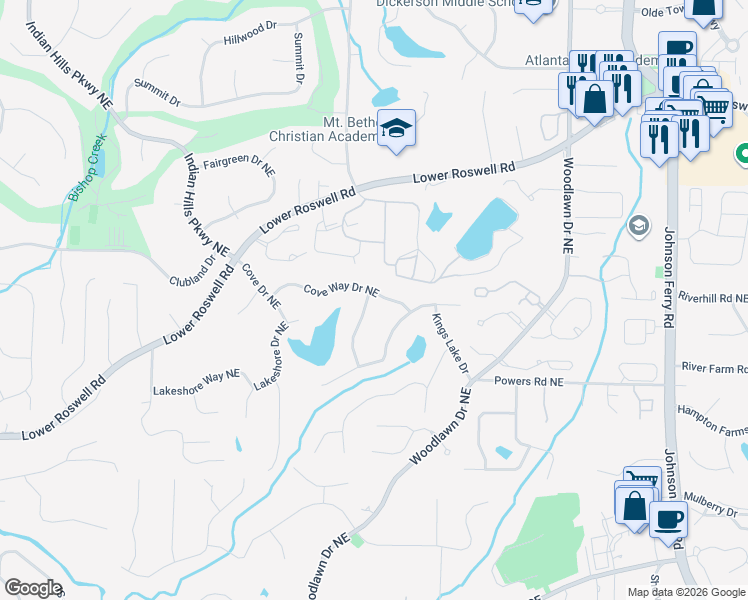 map of restaurants, bars, coffee shops, grocery stores, and more near Cove Island Way Northeast in Cobb County