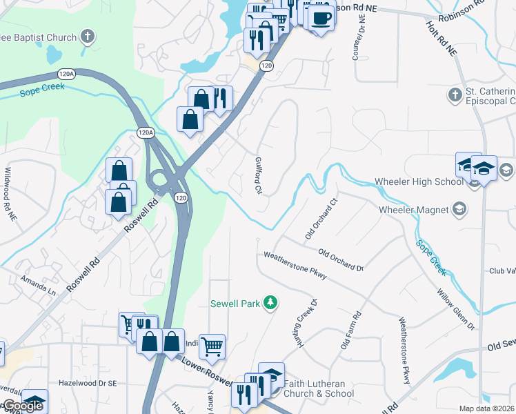 map of restaurants, bars, coffee shops, grocery stores, and more near 320 Farleigh Trce in Marietta