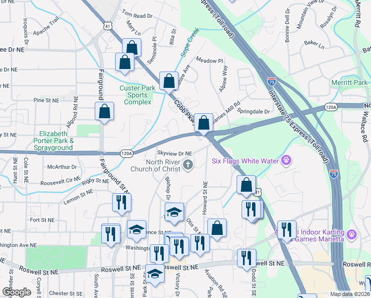 map of restaurants, bars, coffee shops, grocery stores, and more near 744 Skyview Drive Northeast in Marietta