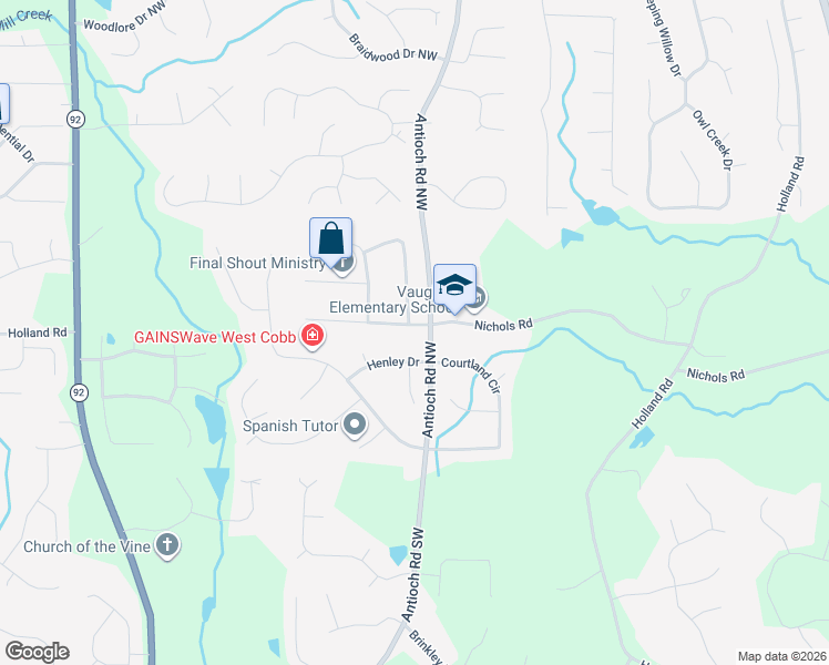 map of restaurants, bars, coffee shops, grocery stores, and more near 5950 Henley Drive in Powder Springs