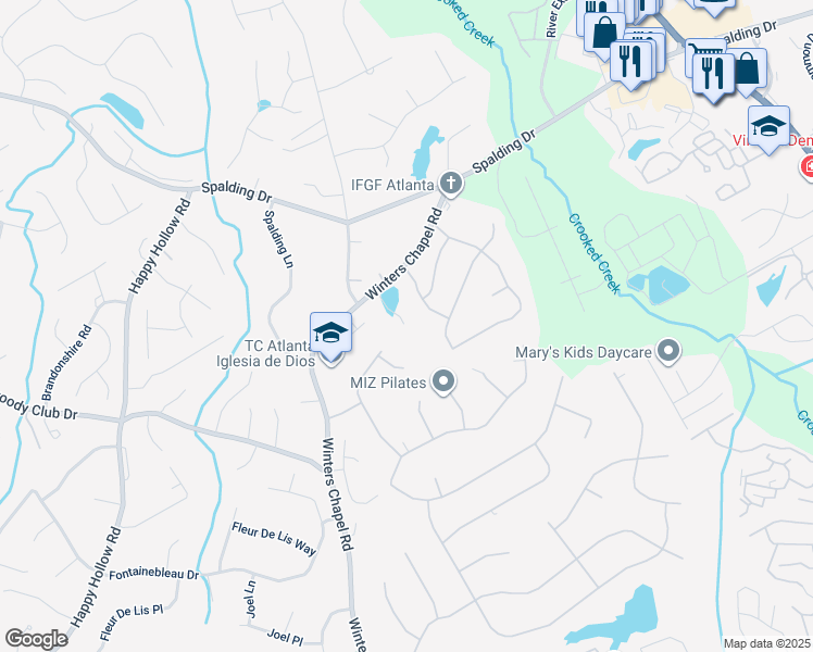 map of restaurants, bars, coffee shops, grocery stores, and more near 3845 Town Farms Drive in Atlanta