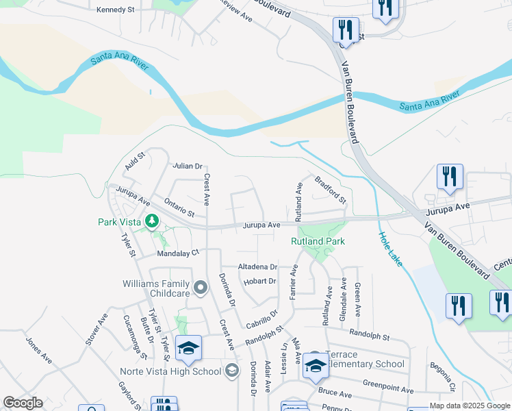 map of restaurants, bars, coffee shops, grocery stores, and more near 7135 Dimaggio Street in Riverside