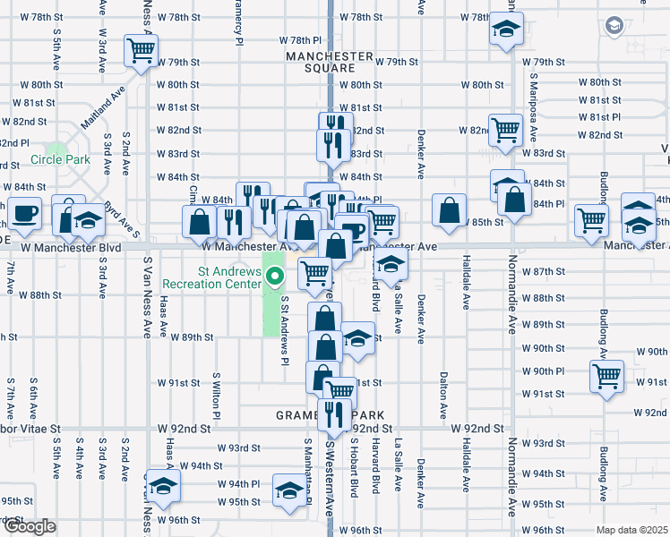 map of restaurants, bars, coffee shops, grocery stores, and more near 8715 South Western Avenue in Los Angeles