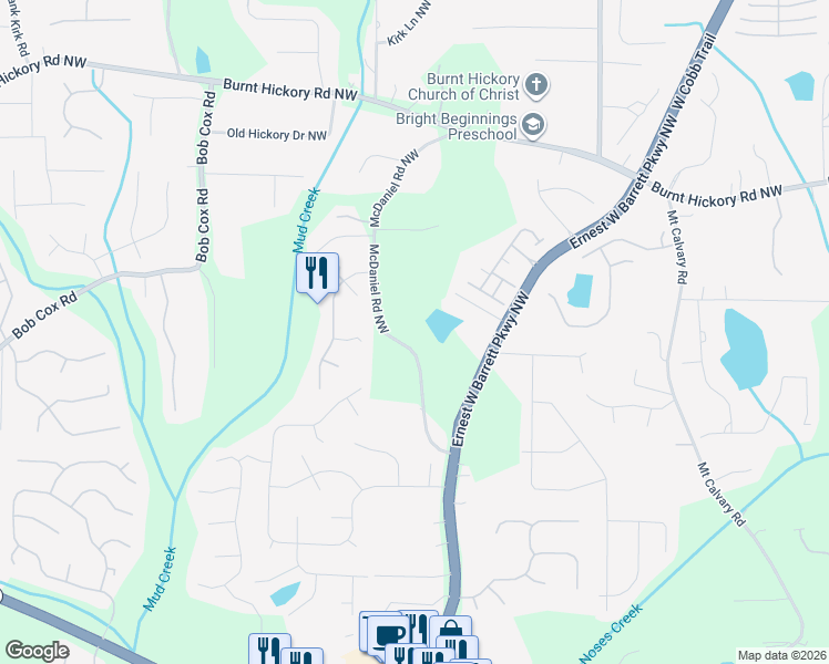 map of restaurants, bars, coffee shops, grocery stores, and more near 200 McDaniel Road Northwest in Marietta