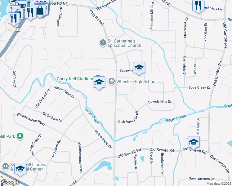map of restaurants, bars, coffee shops, grocery stores, and more near 380 Holt Road Northeast in Marietta