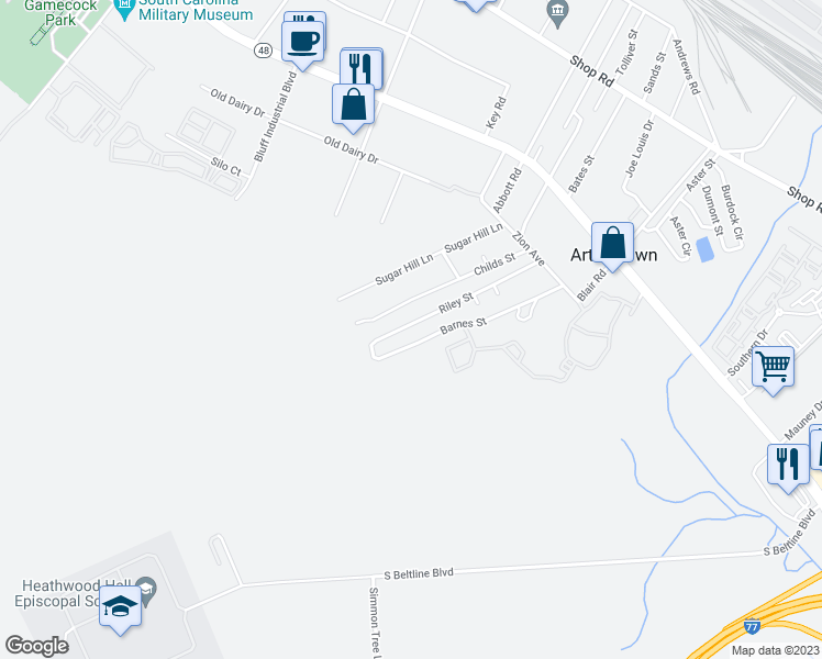 map of restaurants, bars, coffee shops, grocery stores, and more near 509 Riley Street in Columbia