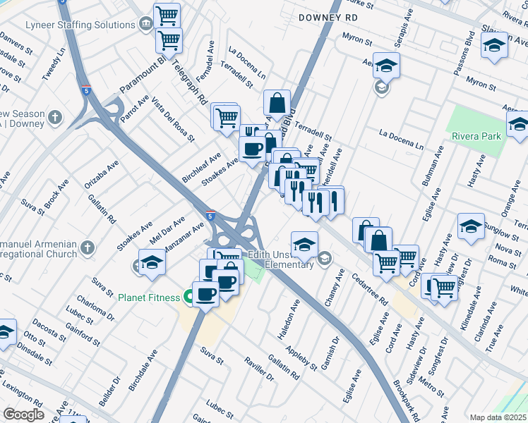 map of restaurants, bars, coffee shops, grocery stores, and more near 8840 Lindell Avenue in Downey