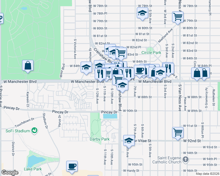 map of restaurants, bars, coffee shops, grocery stores, and more near 8712 South 10th Avenue in Inglewood