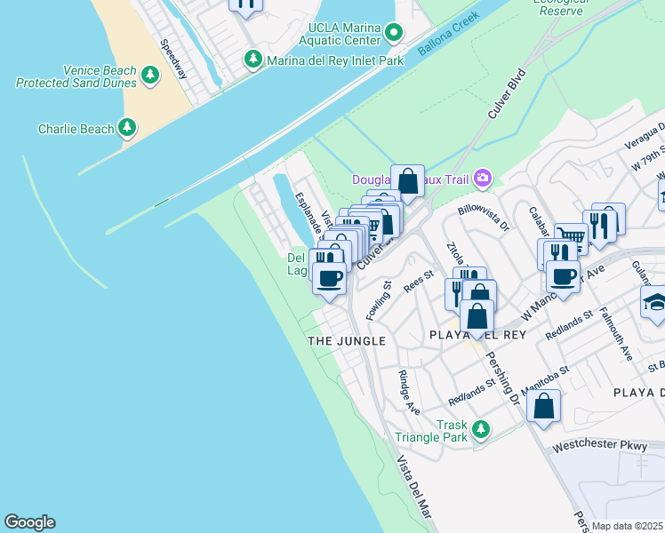 map of restaurants, bars, coffee shops, grocery stores, and more near Esplanade & Argonaut Street in Los Angeles