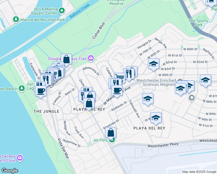 map of restaurants, bars, coffee shops, grocery stores, and more near 8365 Tuscany Avenue in Los Angeles
