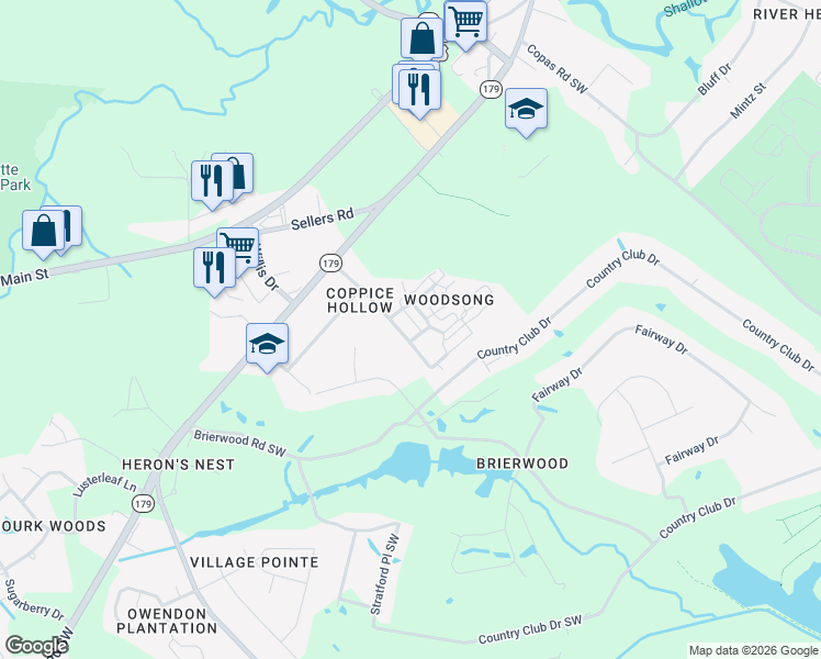 map of restaurants, bars, coffee shops, grocery stores, and more near 5017 Pender Road in Shallotte