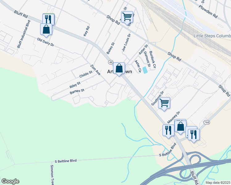 map of restaurants, bars, coffee shops, grocery stores, and more near 1935 Bluff Road in Columbia