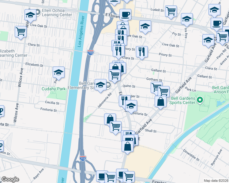 map of restaurants, bars, coffee shops, grocery stores, and more near 8022 Jaboneria Road in Bell Gardens