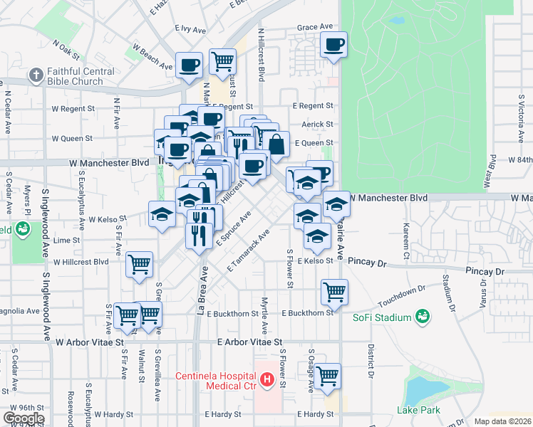 map of restaurants, bars, coffee shops, grocery stores, and more near 417 East Tamarack Avenue in Inglewood