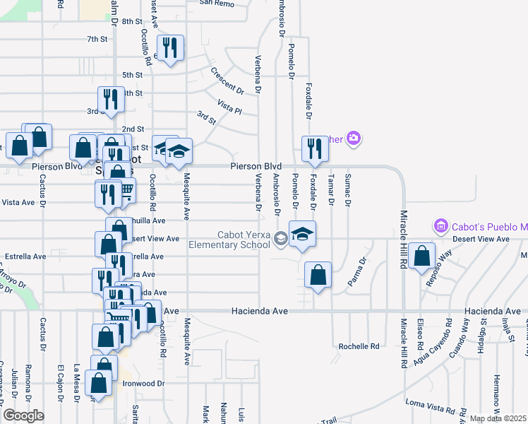 map of restaurants, bars, coffee shops, grocery stores, and more near Verbena Drive in Desert Hot Springs