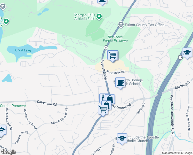 map of restaurants, bars, coffee shops, grocery stores, and more near 1101 Brighton Point in Sandy Springs
