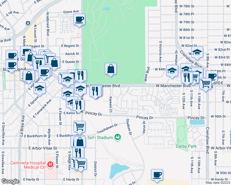 map of restaurants, bars, coffee shops, grocery stores, and more near 8711 Chessington Drive in Inglewood
