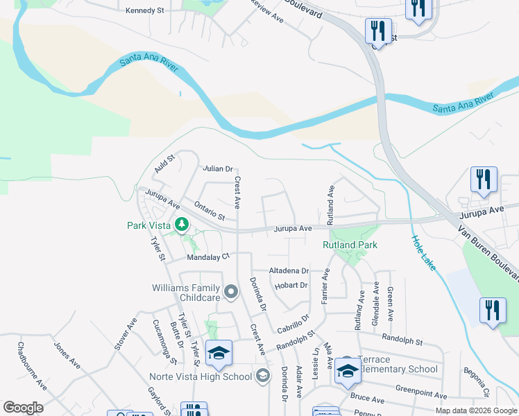 map of restaurants, bars, coffee shops, grocery stores, and more near 9669 Jurupa Avenue in Riverside