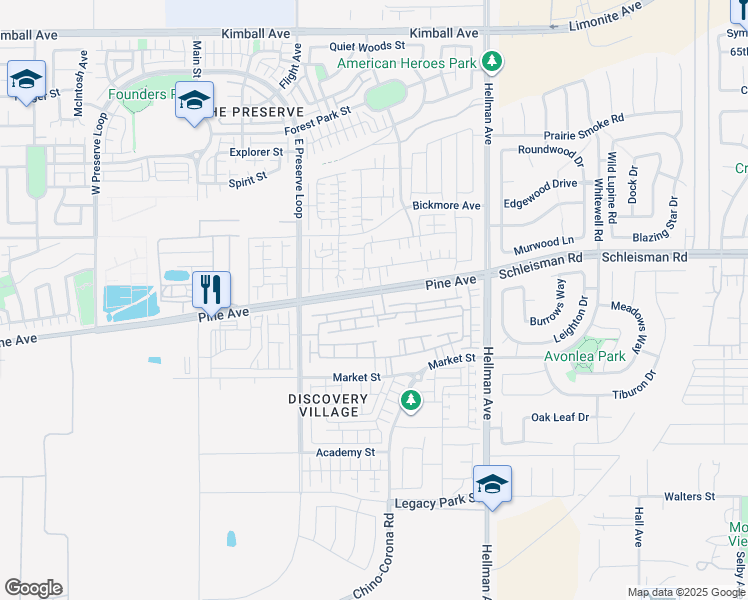 map of restaurants, bars, coffee shops, grocery stores, and more near 8711 Pine Avenue in Chino