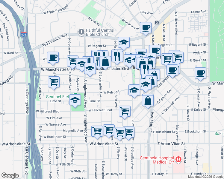 map of restaurants, bars, coffee shops, grocery stores, and more near 155 West Kelso Street in Inglewood