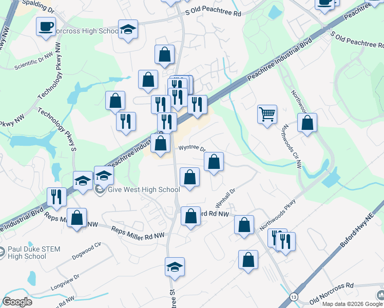 map of restaurants, bars, coffee shops, grocery stores, and more near 5465 Fontenoy Court in Norcross