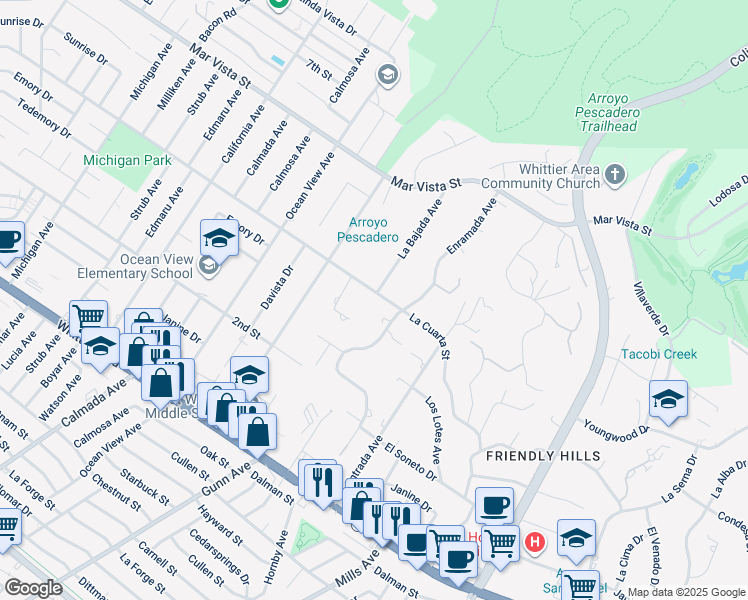 map of restaurants, bars, coffee shops, grocery stores, and more near 14700 La Cuarta Street in Whittier