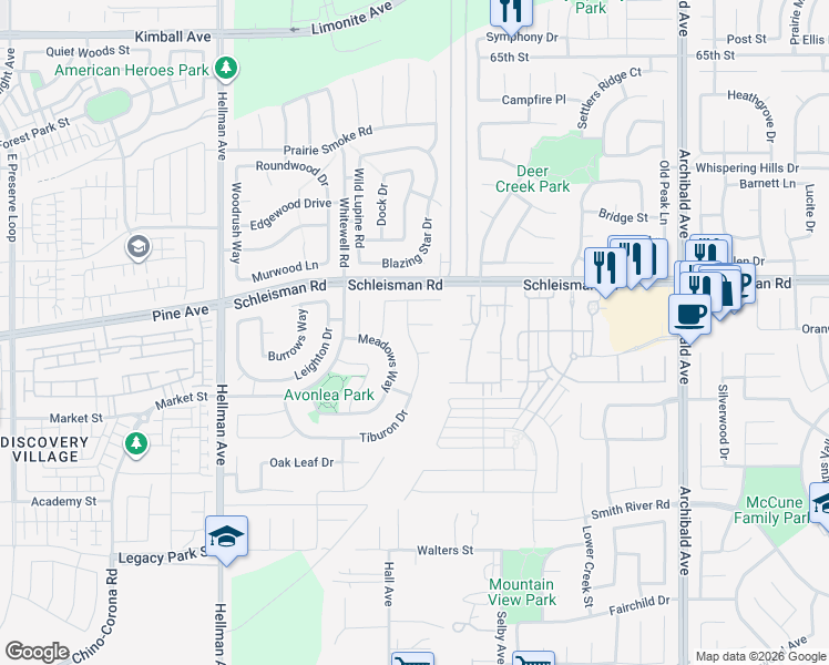 map of restaurants, bars, coffee shops, grocery stores, and more near 14630 Greenward Court in Corona
