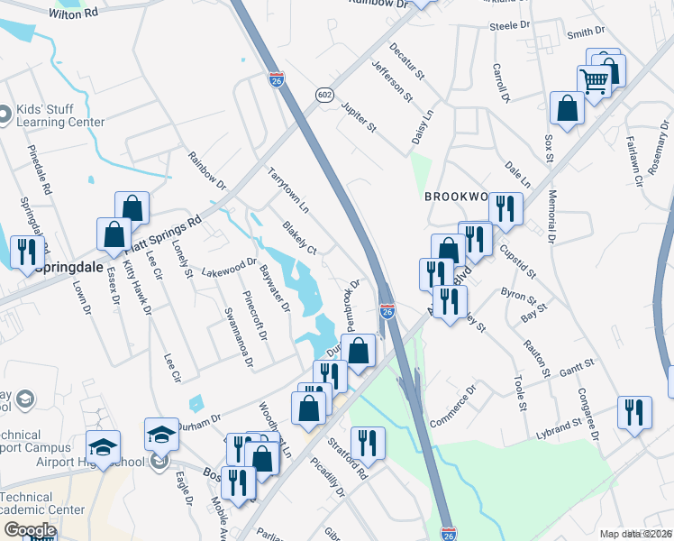 map of restaurants, bars, coffee shops, grocery stores, and more near 1132 Blakely Court in West Columbia