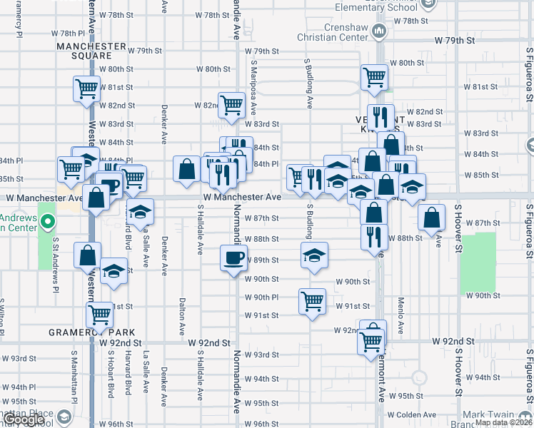 map of restaurants, bars, coffee shops, grocery stores, and more near 1316 West 87th Street in Los Angeles