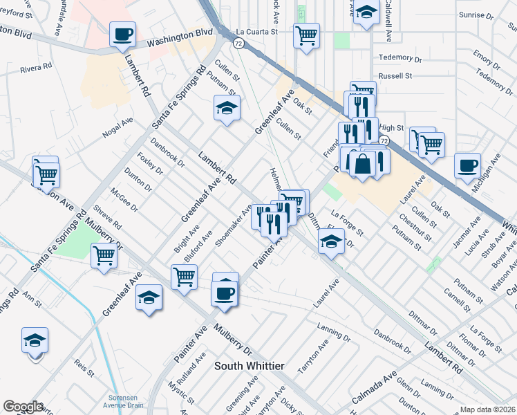 map of restaurants, bars, coffee shops, grocery stores, and more near 13210 Lambert Road in Whittier