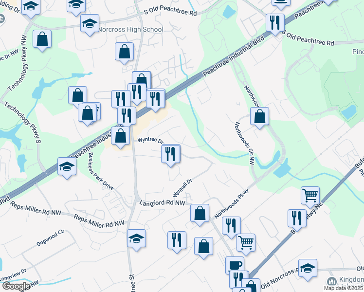 map of restaurants, bars, coffee shops, grocery stores, and more near 3202 Monarch Pine Drive Northwest in Norcross