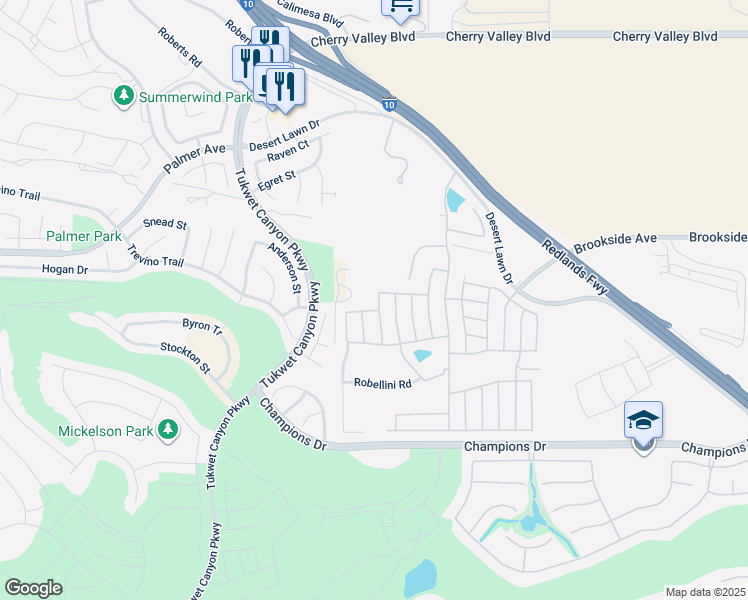 map of restaurants, bars, coffee shops, grocery stores, and more near 10961 Desert Lawn Drive in Calimesa