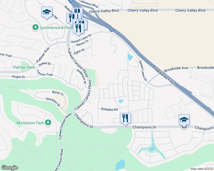 map of restaurants, bars, coffee shops, grocery stores, and more near 10961 Desert Lawn Drive in Calimesa