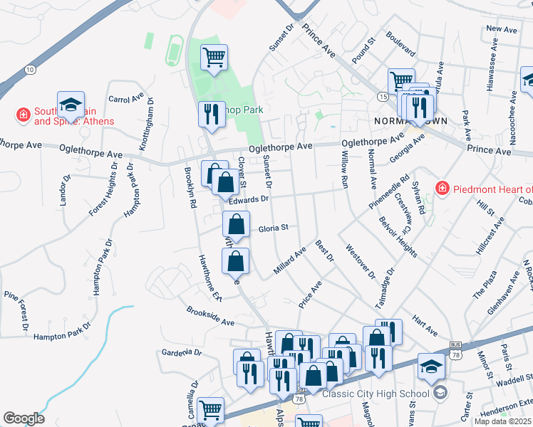 map of restaurants, bars, coffee shops, grocery stores, and more near 549 Sunset Drive in Athens