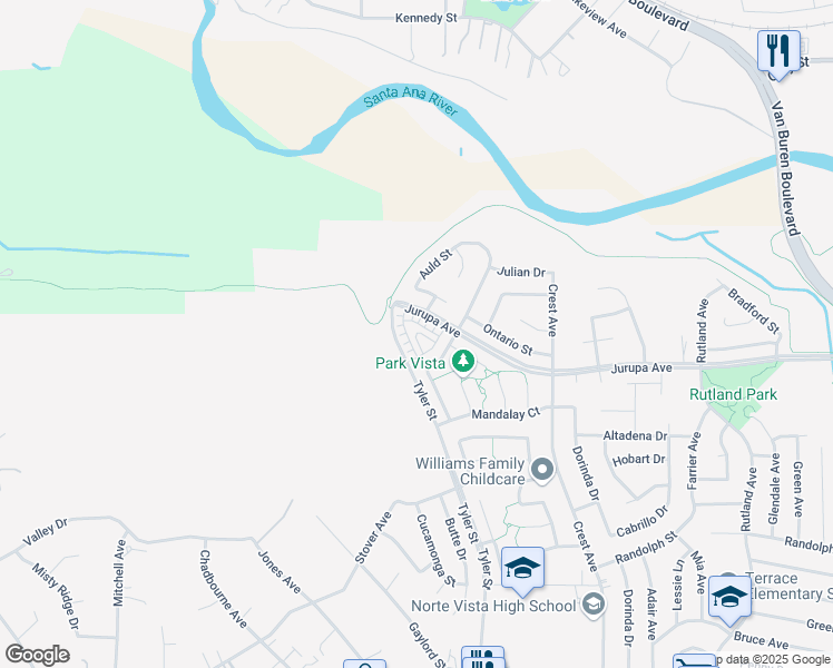 map of restaurants, bars, coffee shops, grocery stores, and more near 10294 Surge Lane in Riverside