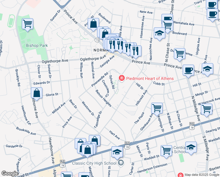 map of restaurants, bars, coffee shops, grocery stores, and more near 130 Crestview Circle in Athens