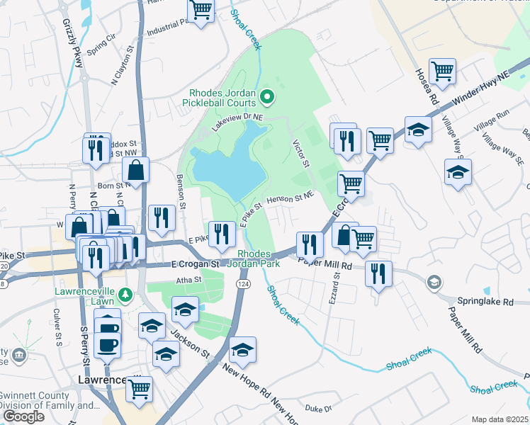 map of restaurants, bars, coffee shops, grocery stores, and more near Water Works Road in Lawrenceville