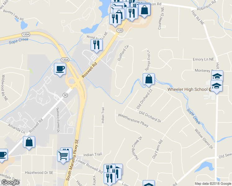 map of restaurants, bars, coffee shops, grocery stores, and more near 320 Farleigh Trce in Marietta