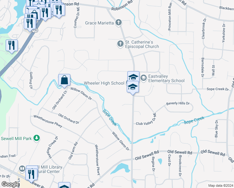 map of restaurants, bars, coffee shops, grocery stores, and more near 375 Holt Road Northeast in Marietta