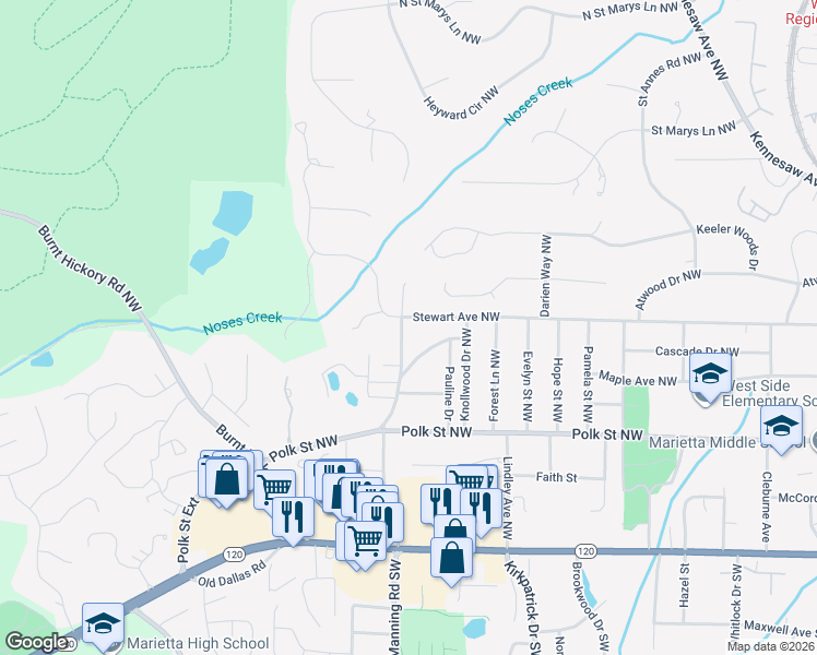 map of restaurants, bars, coffee shops, grocery stores, and more near 735 Stewart Avenue Northwest in Marietta