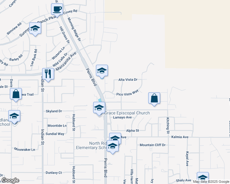 map of restaurants, bars, coffee shops, grocery stores, and more near 25089 Pico Vista Way in Moreno Valley