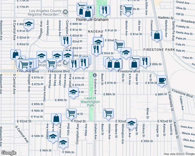 map of restaurants, bars, coffee shops, grocery stores, and more near 8618 Graham Avenue in Los Angeles