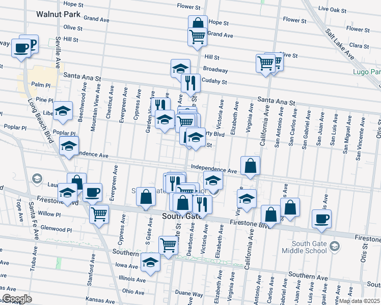 map of restaurants, bars, coffee shops, grocery stores, and more near 8474 State Street in South Gate