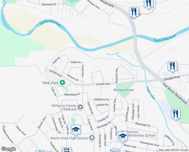 map of restaurants, bars, coffee shops, grocery stores, and more near 9669 Jurupa Avenue in Riverside