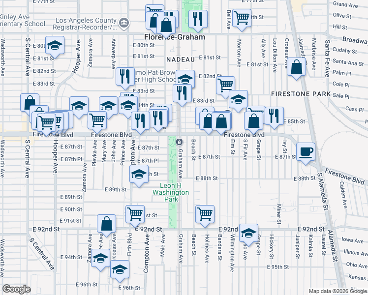 map of restaurants, bars, coffee shops, grocery stores, and more near 8624 Graham Avenue in Los Angeles