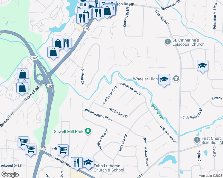 map of restaurants, bars, coffee shops, grocery stores, and more near 351 Old Orchard Court in Marietta