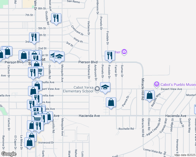 map of restaurants, bars, coffee shops, grocery stores, and more near 12388 Ambrosio Drive in Desert Hot Springs