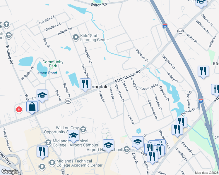 map of restaurants, bars, coffee shops, grocery stores, and more near 1108 Kitty Hawk Drive in West Columbia