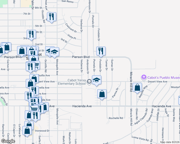 map of restaurants, bars, coffee shops, grocery stores, and more near 12300 Ambrosio Drive in Desert Hot Springs